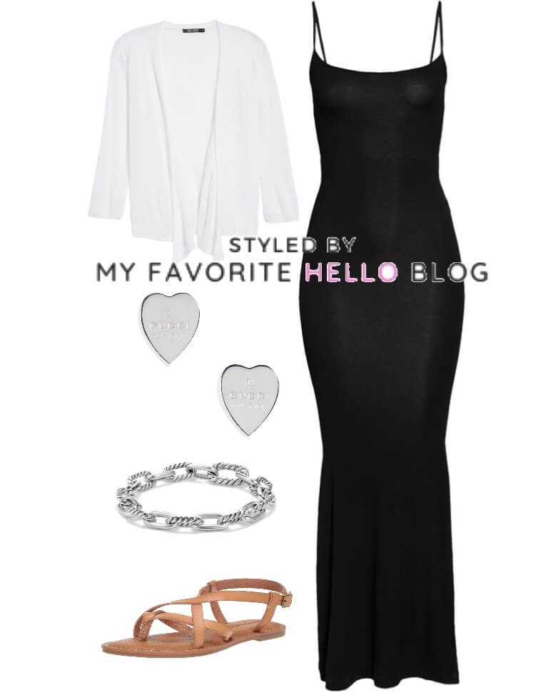 Long black dress with sandals