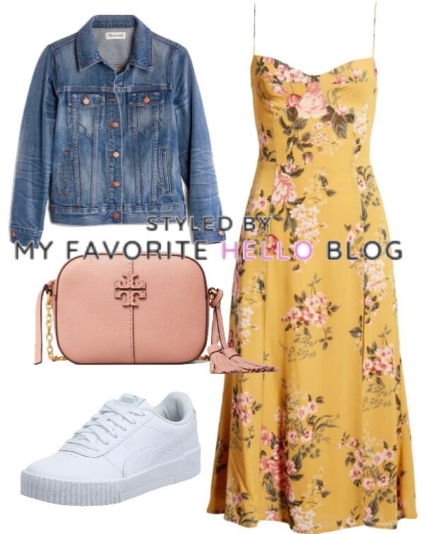flower dress with sneakers and jean jacket