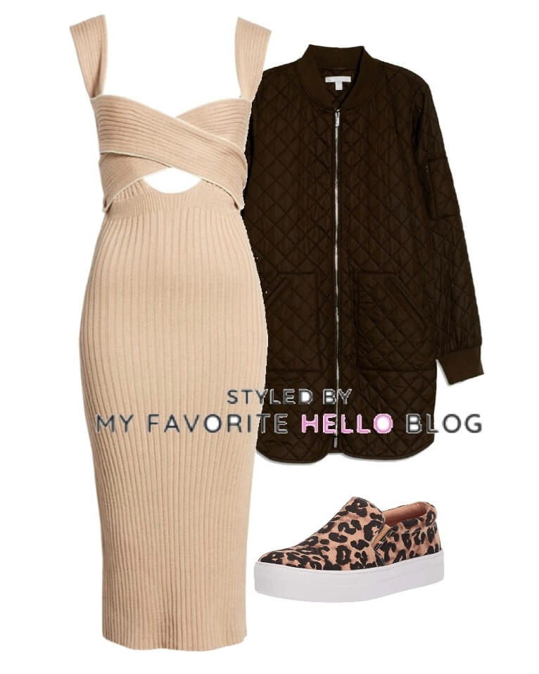 bodycon dress with jacket and sneakers