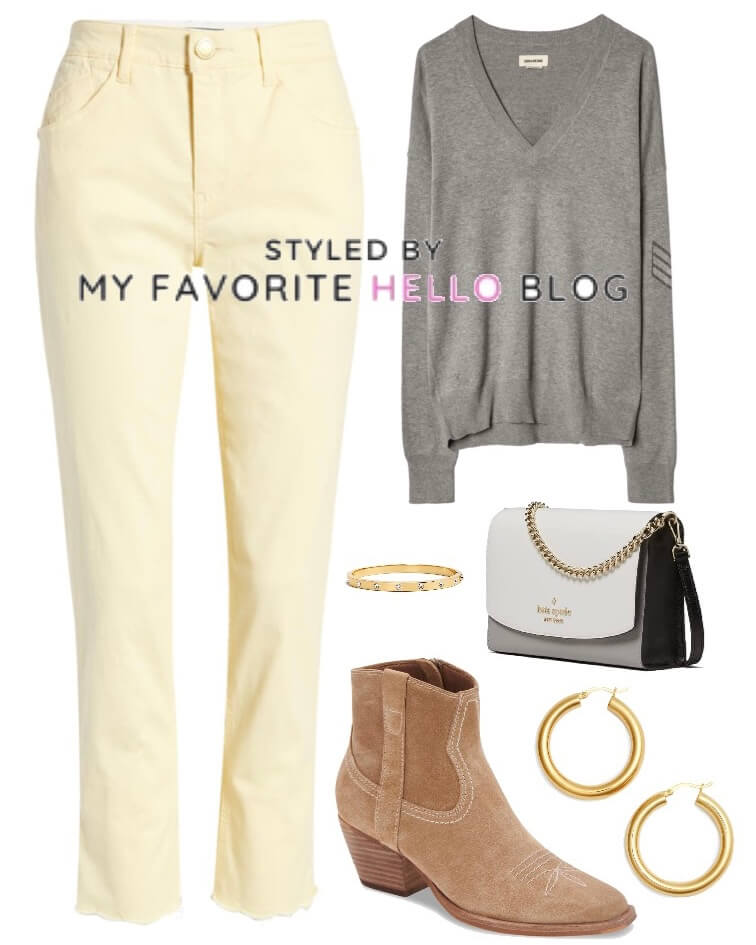 Yellow pants with grey sweater