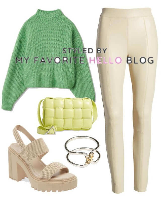 cream pants and green sweater outfit