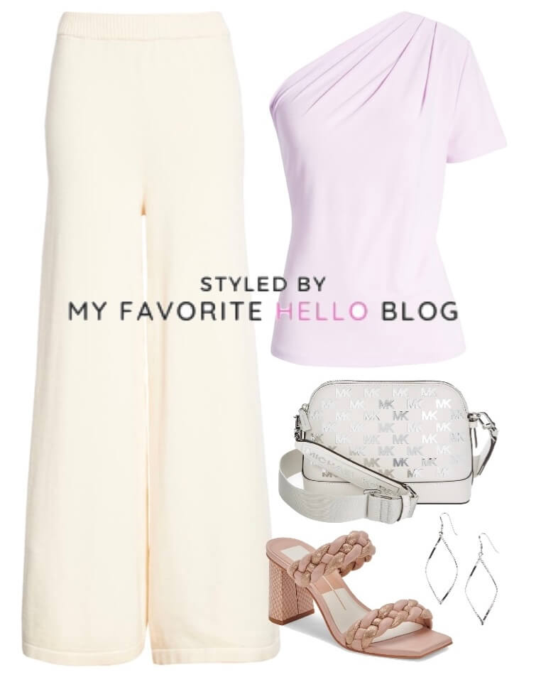 cream pants and purple top