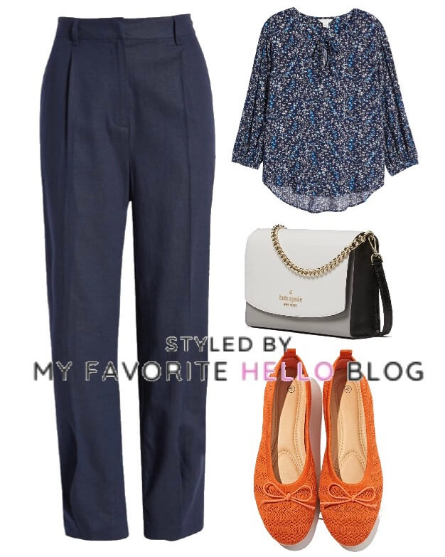 navy pants outfit with orange shoes