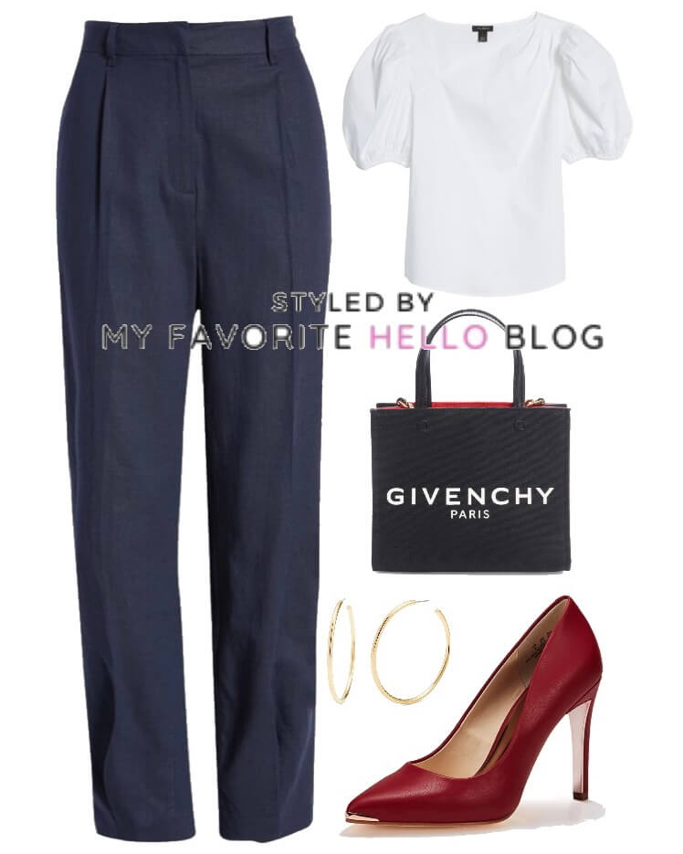 navy pants outfit with red shoes