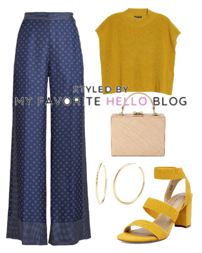 navy pants outfit with yellow shoes