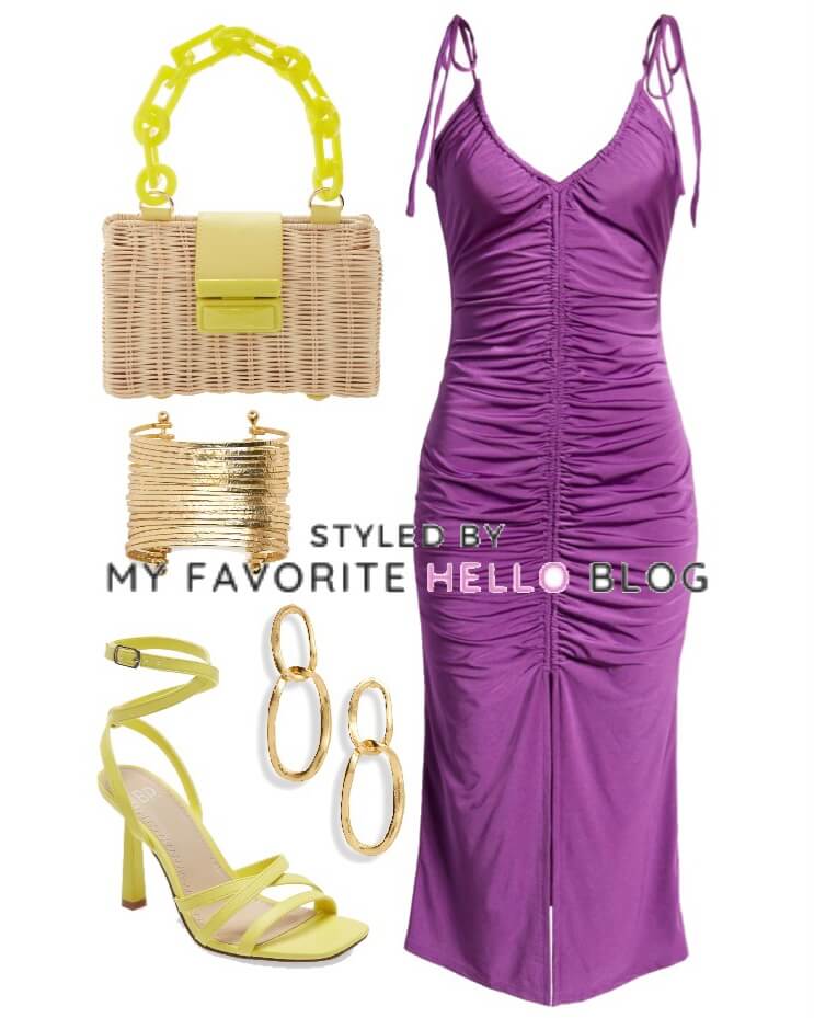 purple dress and yellow shoes