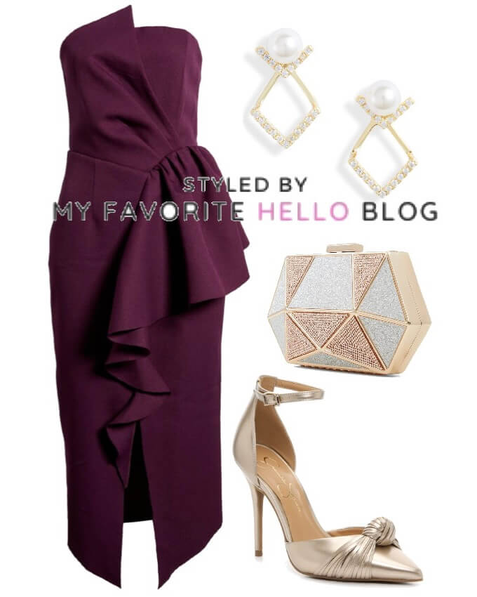 silver shoes wiwth purple dress