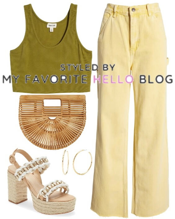 yellow pants and green top outfit
