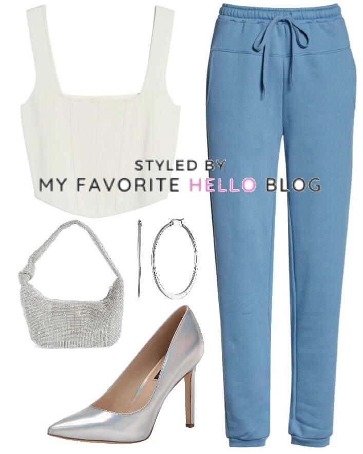 dress up blue sweatpants with silver heels