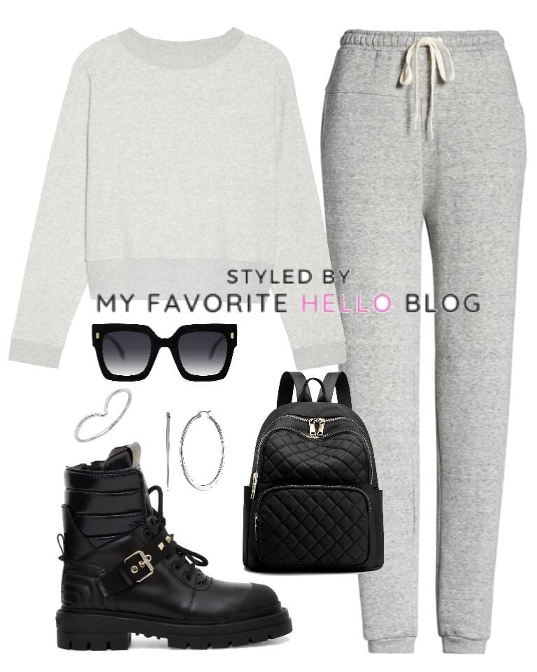grey sweatpants outfit with combat boots