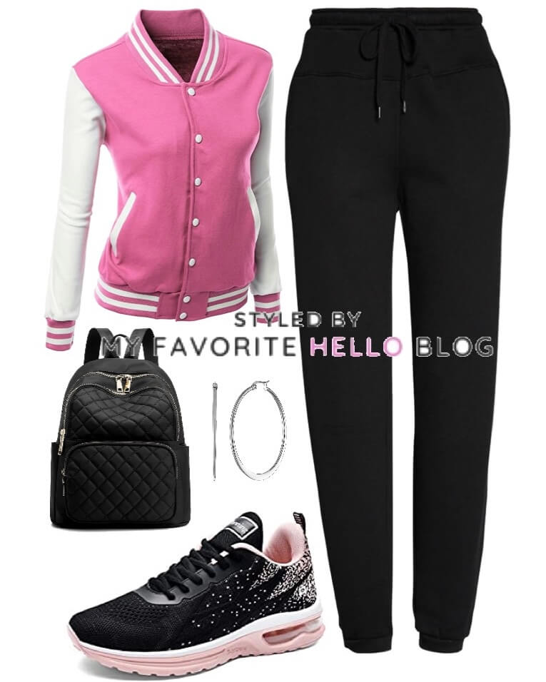 college jacket with black sweatpants outfit for school