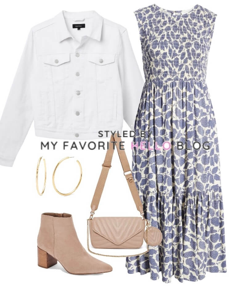 white denim jacket and dress outfit