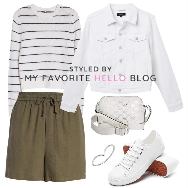 white denim jacket and shorts outfit