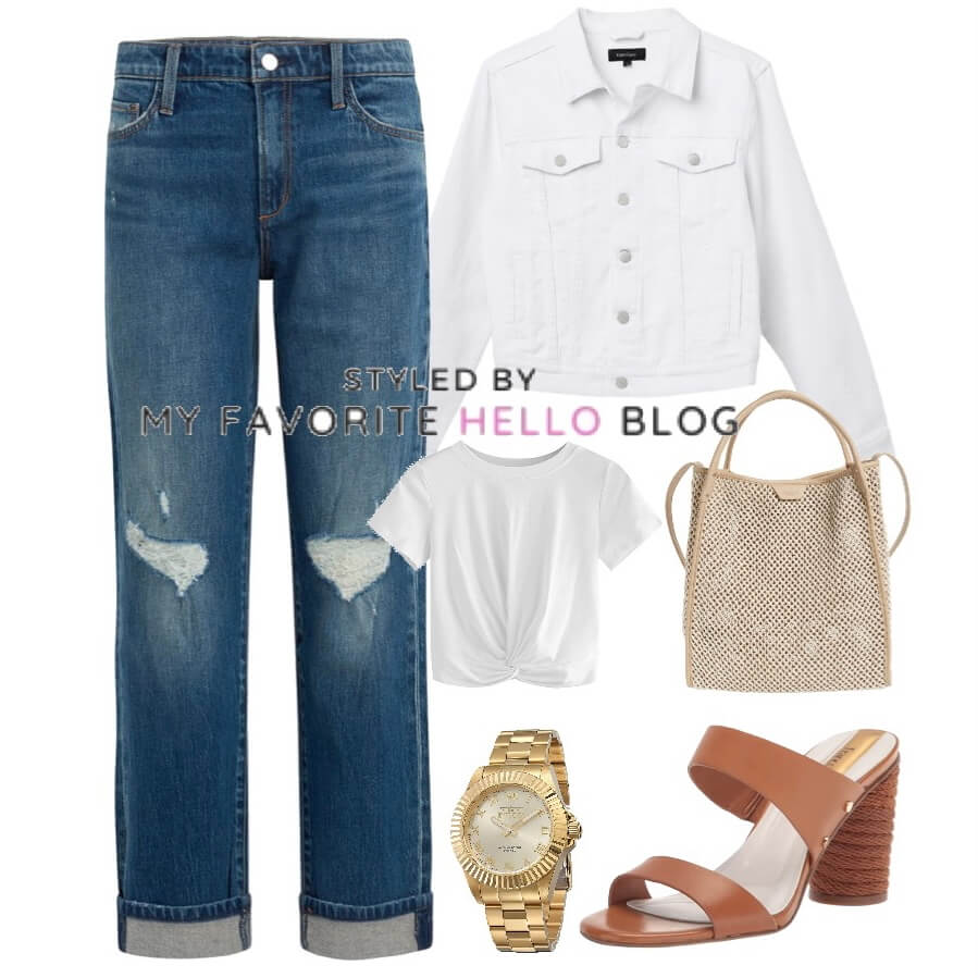 white denim jacket with blue jeans