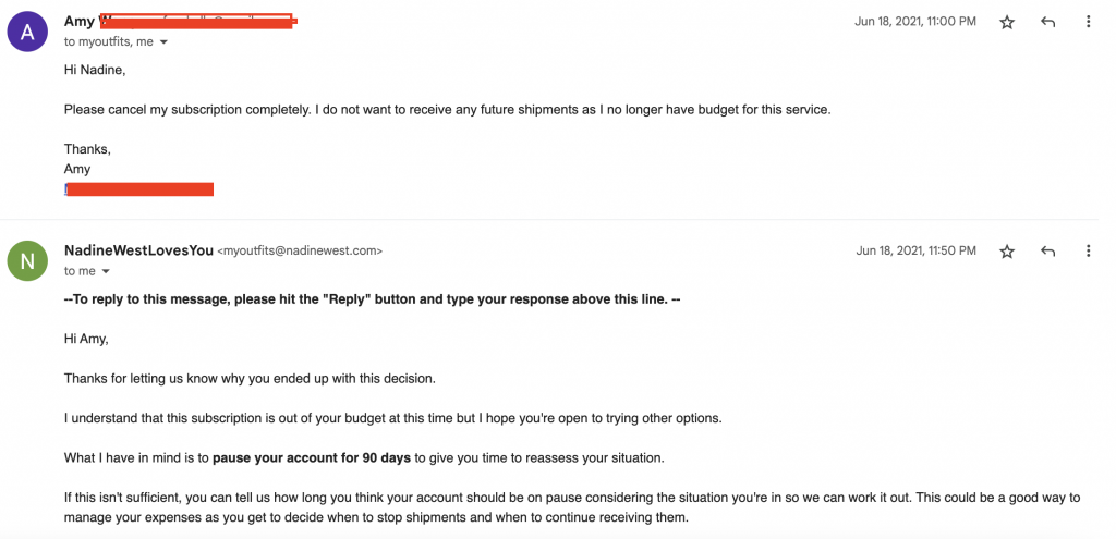 Nadine West email to cancel