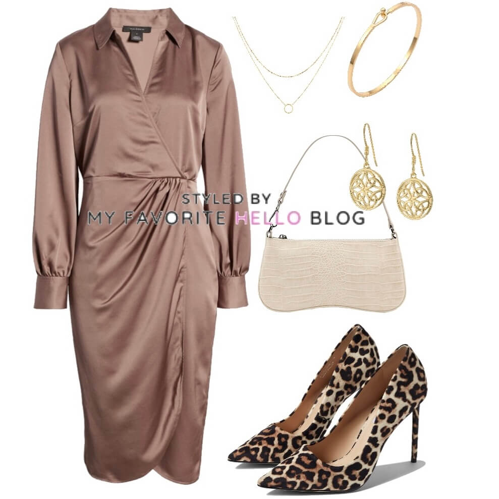 Taupe dress with animal print shoes