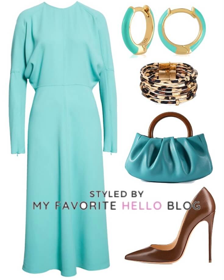 Turquoise dress with brown shoes
