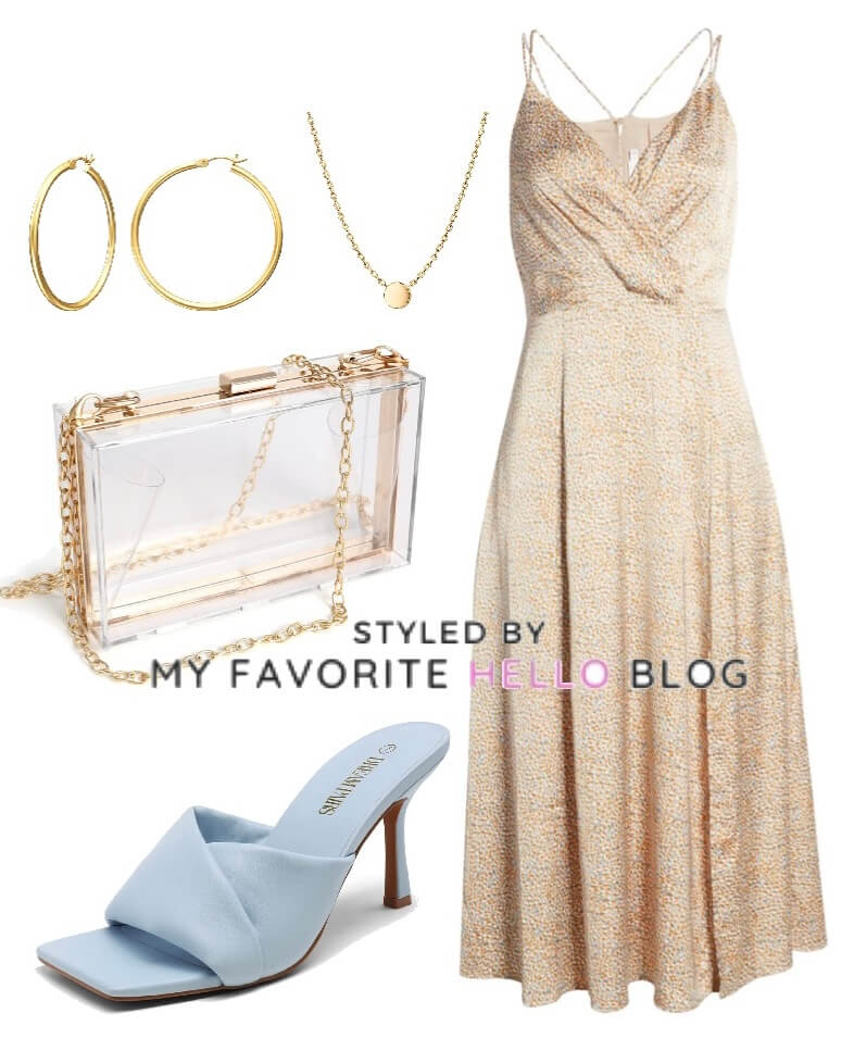 taupe dress with light blue shoes