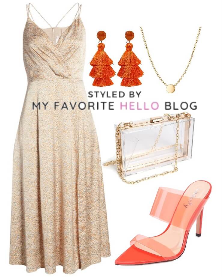taupe dress with orange shoes