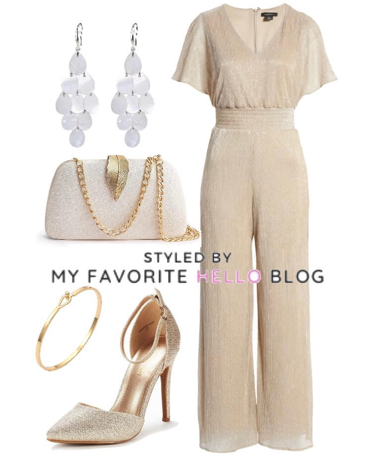 taupe outfit with gold shoes