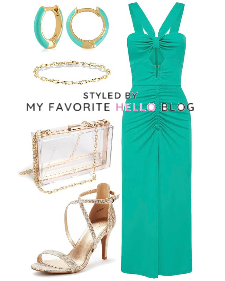 turquoise dress with gold heels