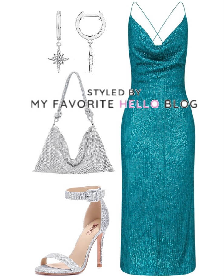 turquoise dress with silver shoes