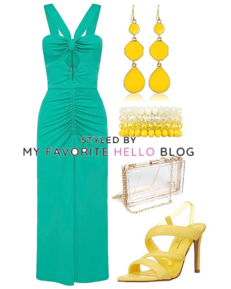 turquoise dress with yellow shoes