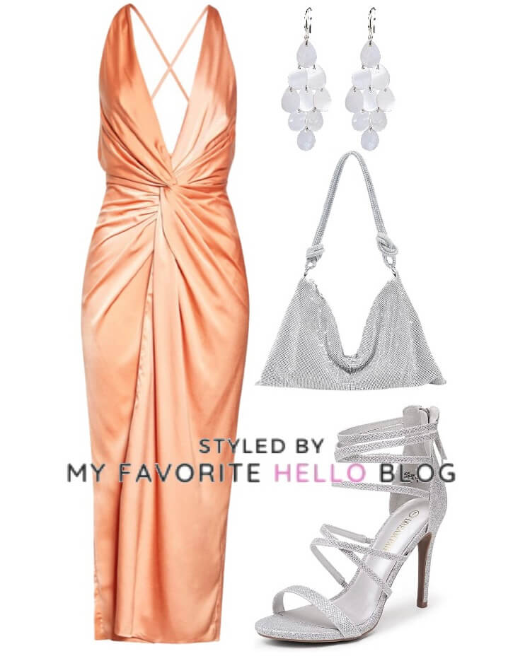 copper dress and silver shoes