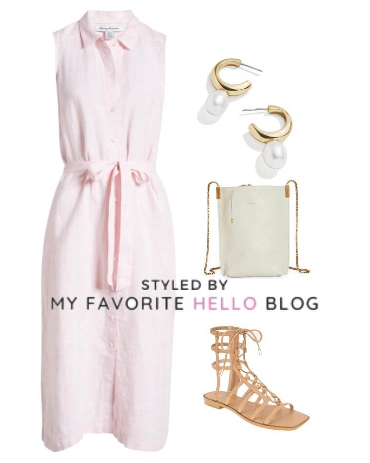 light pink dress and tan shoes