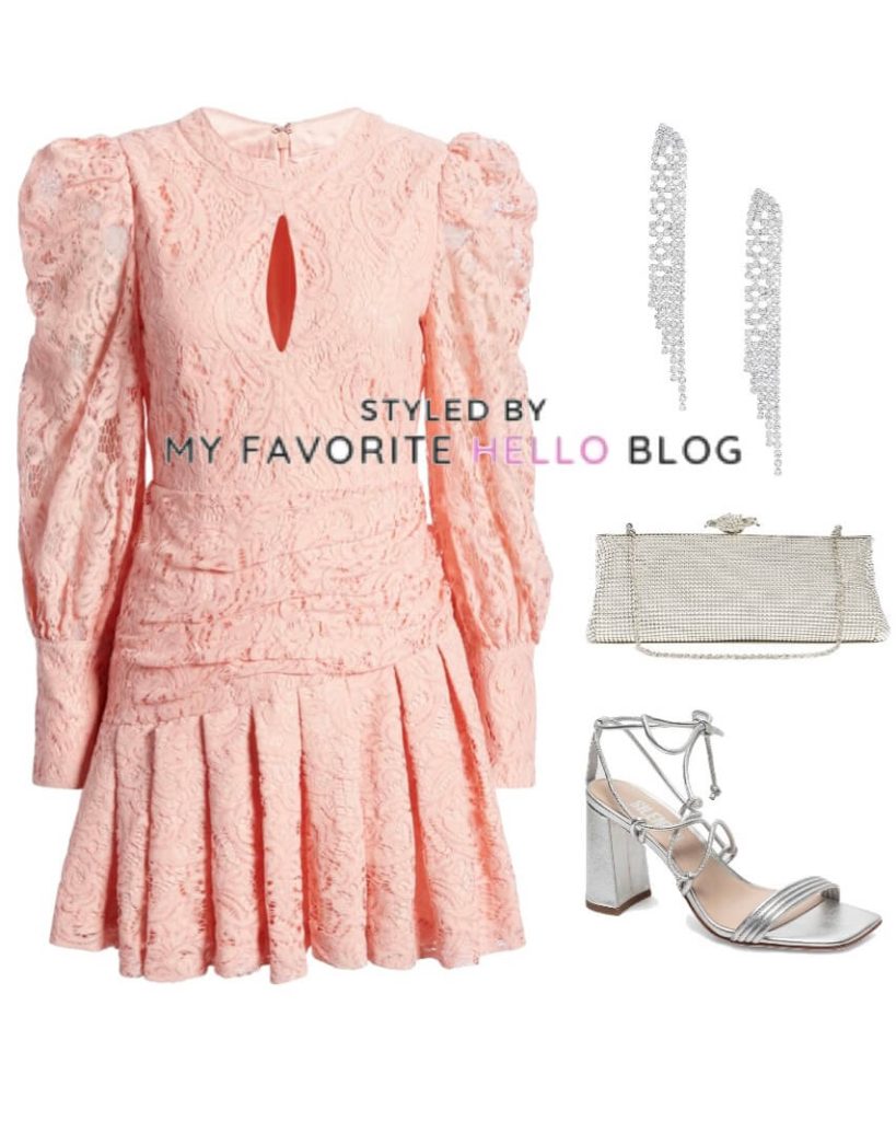 silver heels and light pink dress