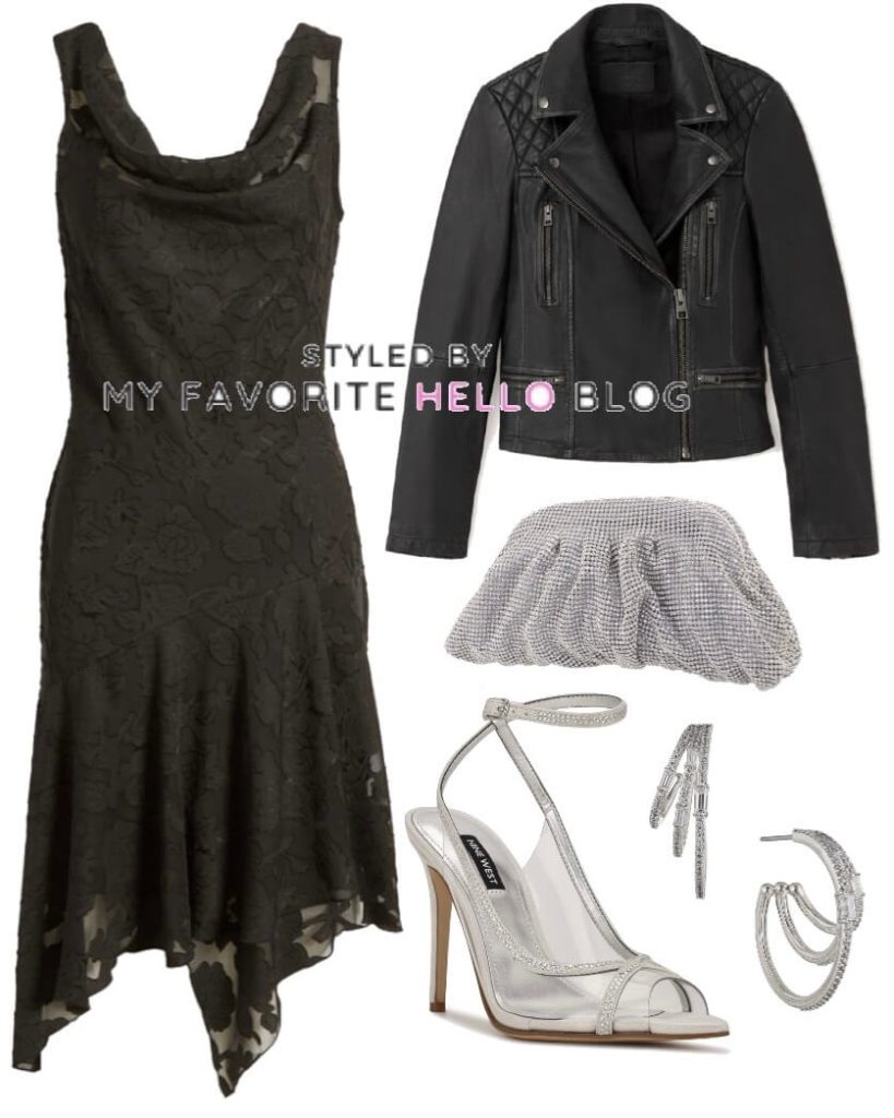 edgy vegas outfit over 50 with leather jacket and black dress