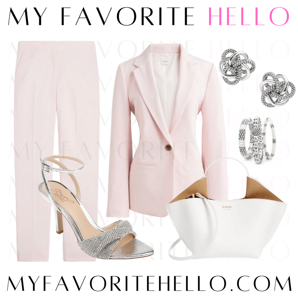 Pink suit and silver shoes