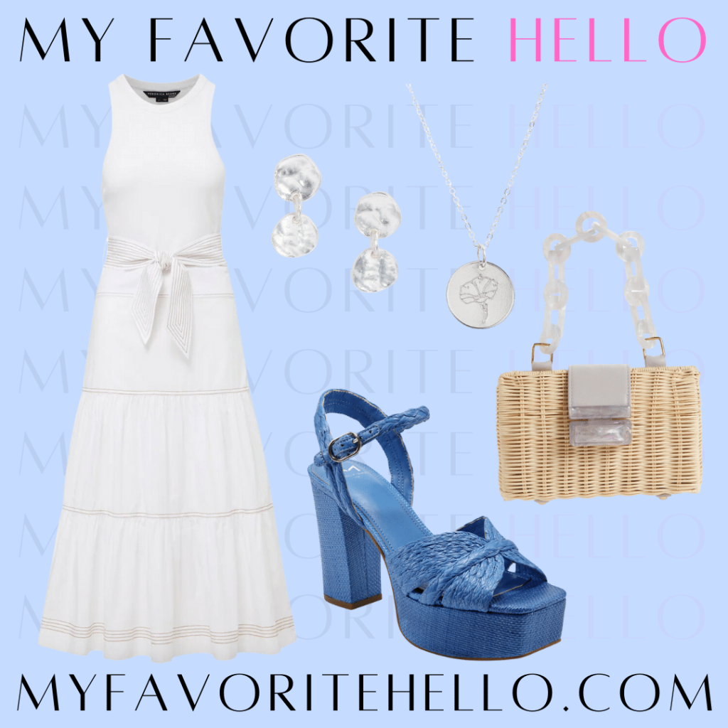 blue heels and white dress in summer